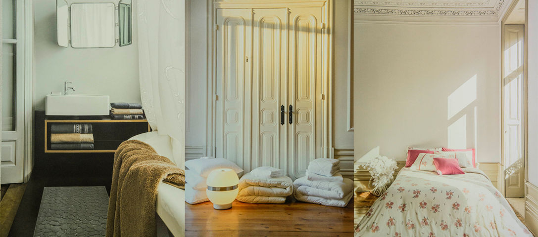 tres fotos d'habitacions amb roba per a la llar